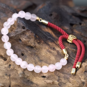 Bracelet en Gemme Plaqué Or 18K - Cordon Bordeaux - Quartz Rose
