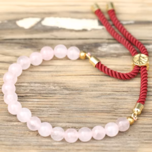 Bracelet en Gemme Plaqué Or 18K - Cordon Bordeaux - Quartz Rose