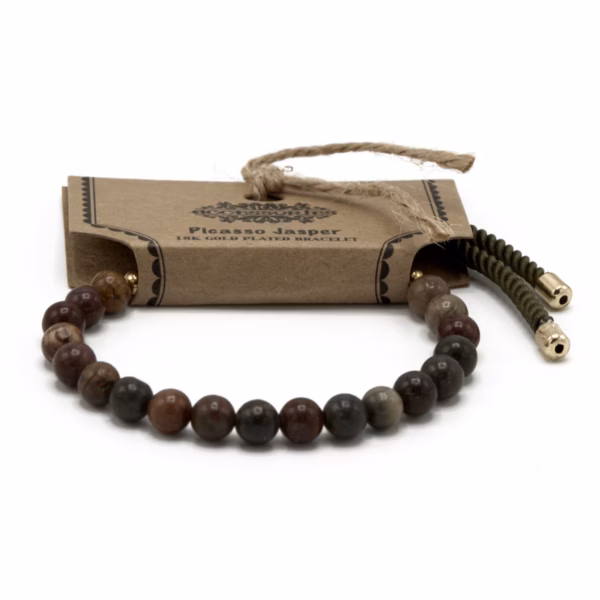 18K Goud Vergulde Edelsteen Armband Met Mos Groen Gekleurd Koord -  Picasso Jaspis - Afbeelding 2