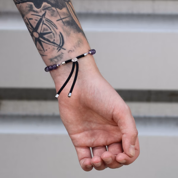 925 Sølvbelagt Armbånd med Svart Snor - Ametyst - Bilde 5