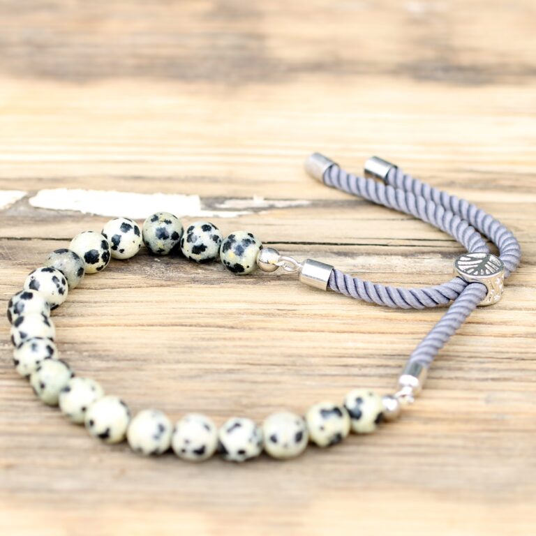 925-Silver-Plated-Gemstone-Charcoal-String-Bracelet-Dalmation-Jasper