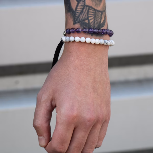 925 Sølvbelagt Edelsten Armbånd med Marineblå Snor - Hvit Howlite - Bilde 2