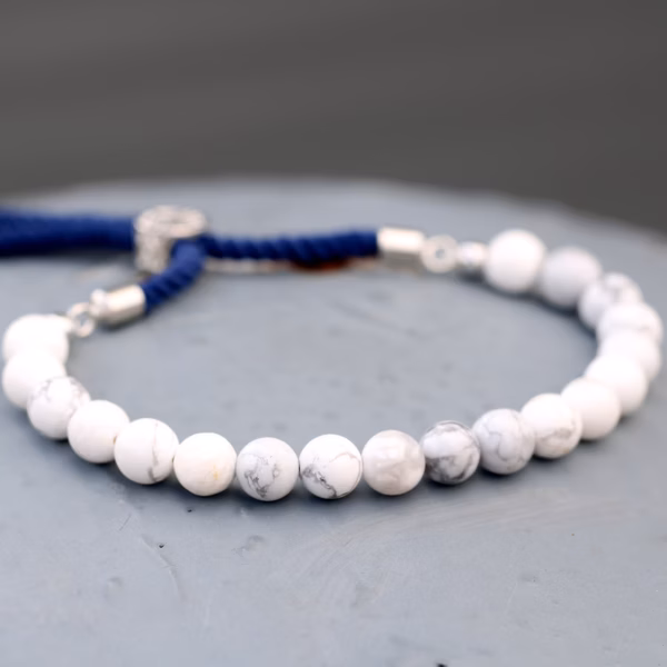925 Sølvbelagt Edelsten Armbånd med Marineblå Snor - Hvit Howlite - Bilde 3
