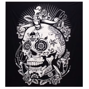 B&W Dobbelt Bomull Sengeteppe + Veggoppheng - Rose Skull