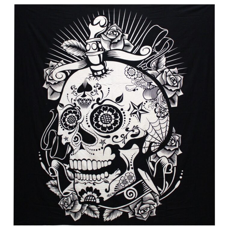 BW-Double-Cotton-Bedspread-Wall-Hanging-Rose-Skull