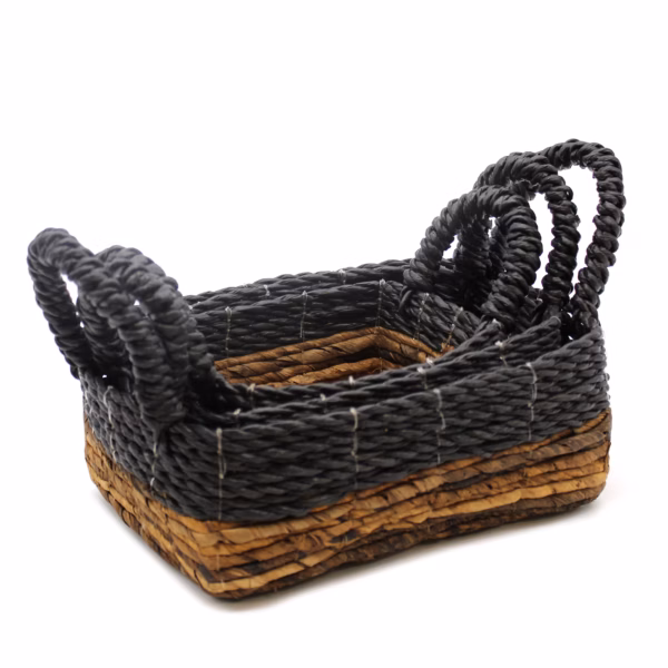 Bananenblad &Amp; Hitam Raffia Vierkante Mand - Set Van 3 - Afbeelding 2