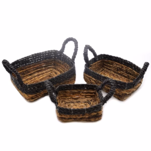 Firkantet Kurv med Bananblad og Hitam Raffia - Sett med 3 Stk.