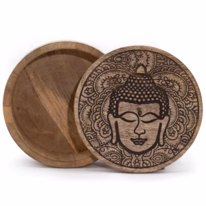 Rund Eske / Boks 17,5x7,5 cm - Buddha Ansikt Svart Gravert Stor