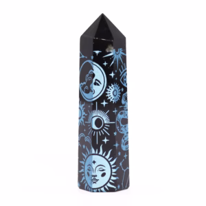Zwarte Obsidiaan Punten - Ca. 60 - 70g 9cm - Hemelsblauw
