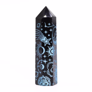 Zwarte Obsidiaan Punten - Ca. 60 - 70g 9cm - Hemelsblauw