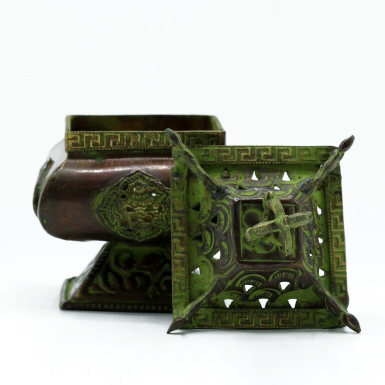 Brass-Verdigris-Tibetan-Burner-Four-Symbols-Square-Standing-Pot