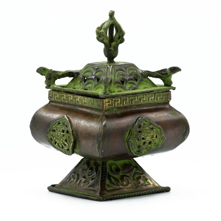 Brass-Verdigris-Tibetan-Burner-Four-Symbols-Square-Standing-Pot