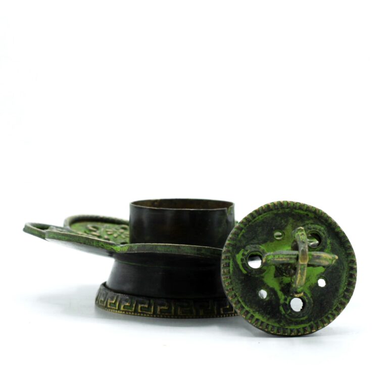 Brass-Verdigris-Tibetan-Cone-Incense-Holder-Eight-Symbols
