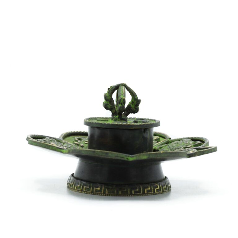 Brass-Verdigris-Tibetan-Cone-Incense-Holder-Eight-Symbols