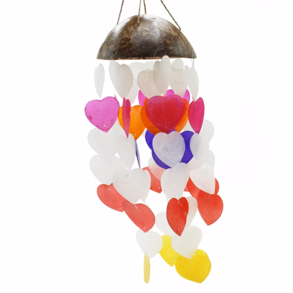 Coconut &Amp; Capiz Windchimes - Big Hearts - 40Cm