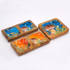 Doppeltes Schmucktablett - Pilzdesign Blaugrün - 20x10x2,5cm