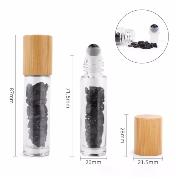 Gemstone Essential Oil Roller Bottle - Black Tourmaline  - Wooden Cap + Gemstone Roller Tip for 5ml Bottle - Black Tourmaline - Image 2