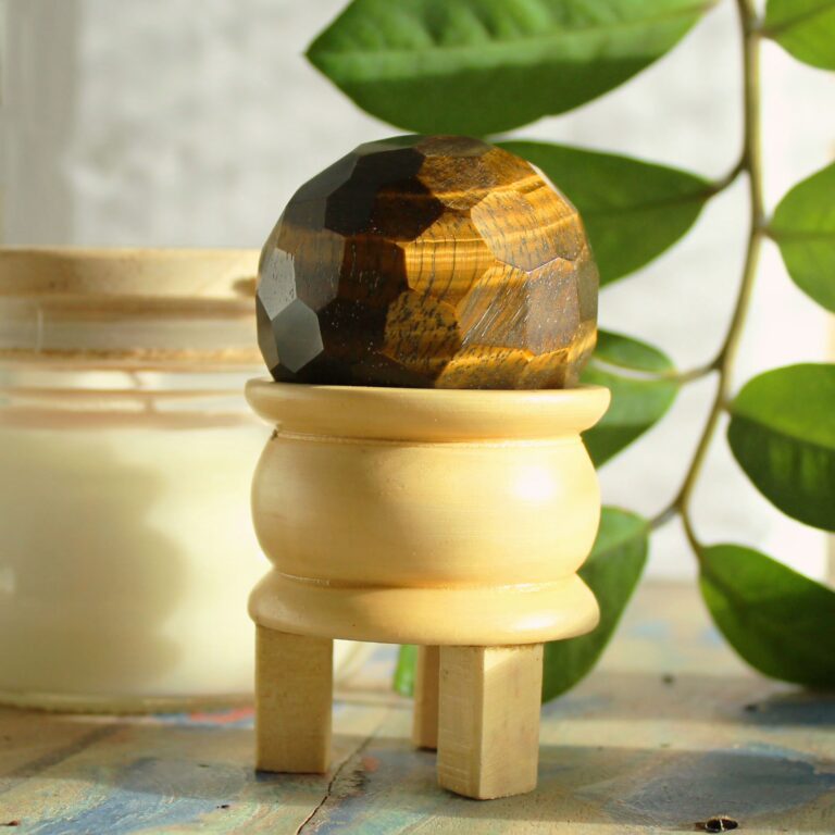 Gemstone-Faceted-Healing-Ball-Stand-Tigereye
