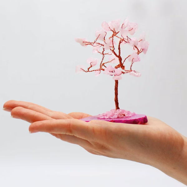 Arbol De Piedras Preciosas: Cuarzo Rosa Sobre Base De Ágata Rosa (35 Piedras) - Imagen 4
