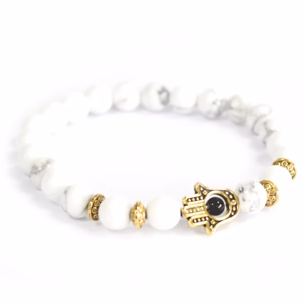 Guld Hamsa / Hvid Sten - Armbånd