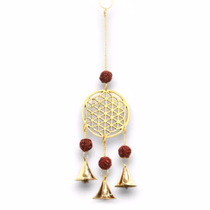 Indisk Vindspill / Vindklokker - Livets Blomst I Messing med Rudraksha-Perler - 3 Bjeller - 6x27Cm