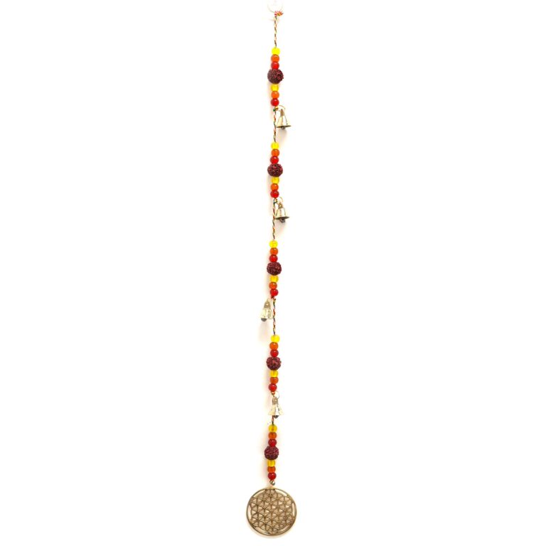 Indian-Chimes-Brass-Flower-of-Life-with-Rudraksha-Beads-String-Bells-6x63cm
