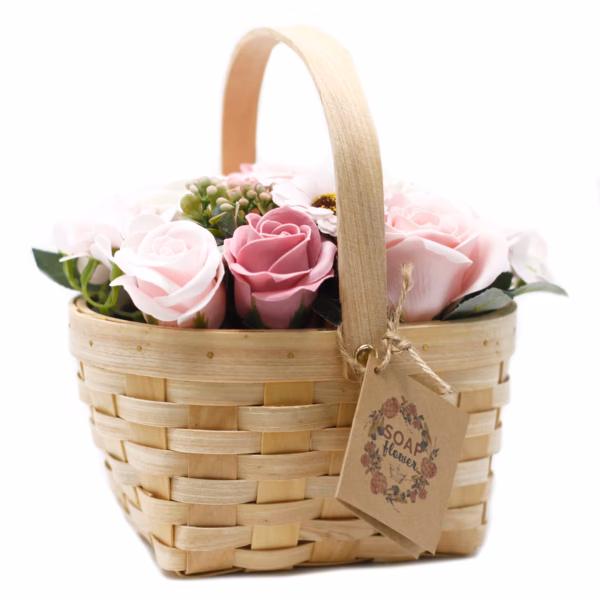 Large - Zeep Bloemen Boeket In Rieten Mand - Roze