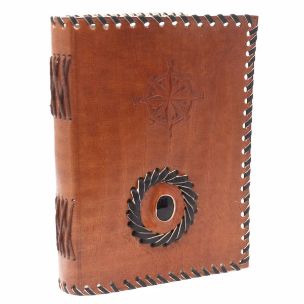 Notatbok I Lær, Svart Onyx Og Compas 17x12 cm