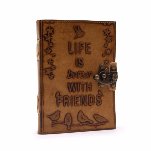 Läderbunden Anteckningsbok - Blankt Papper -  Life Is Better With Friends (18X13Cm) - Ljusbrun