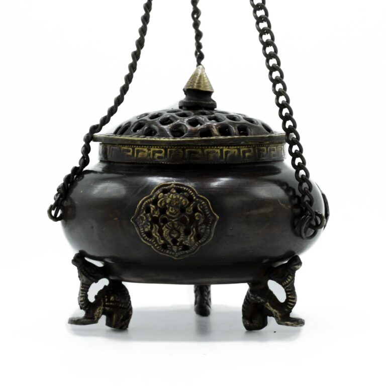 Lrg-Brass-Tibetan-Burner-Four-Symbol-Hanging-Pot