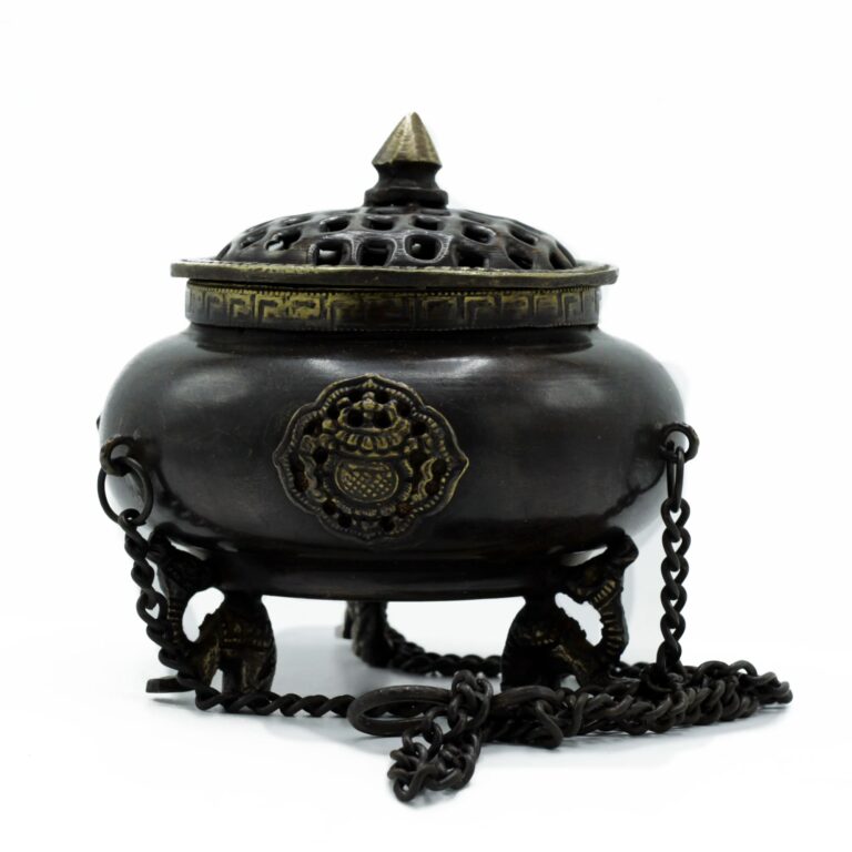 Lrg-Brass-Tibetan-Burner-Four-Symbol-Hanging-Pot