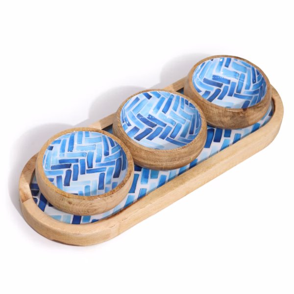 Mango Wood Tray With 3 Bowls - Blue Stripes - Image 2