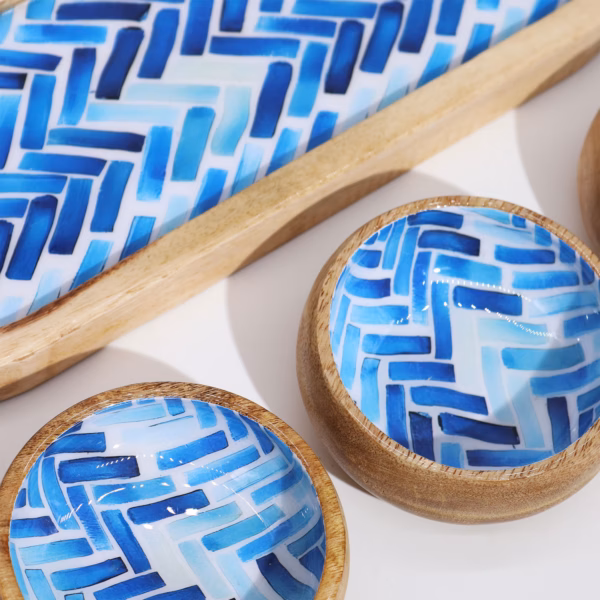 Mango Wood Tray With 3 Bowls - Blue Stripes - Image 3