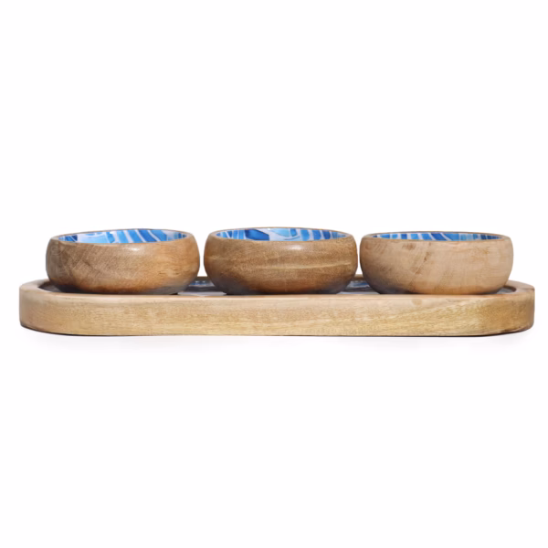 Mango Wood Tray With 3 Bowls - Blue Stripes - Image 4