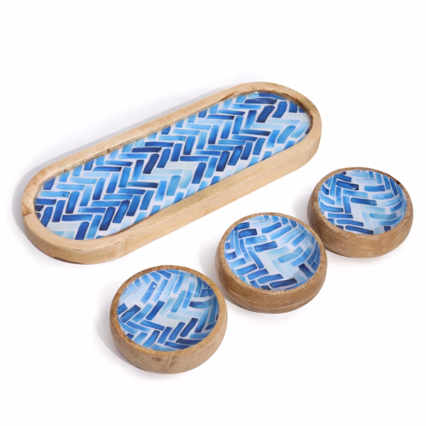 Mango Wood Tray With 3 Bowls - Blue Stripes