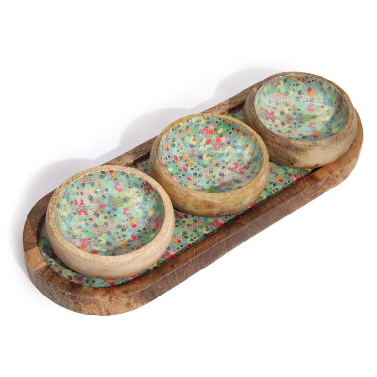Mango-Wood-Tray-with-3-Bowls-Mediterraian-Tile-pattern