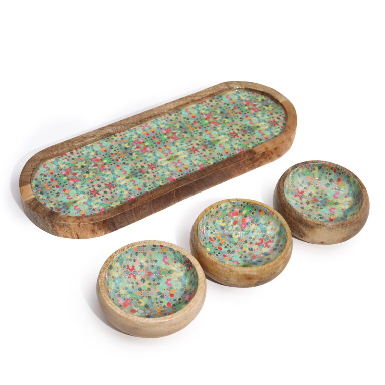 Mango-Wood-Tray-with-3-Bowls-Mediterraian-Tile-pattern