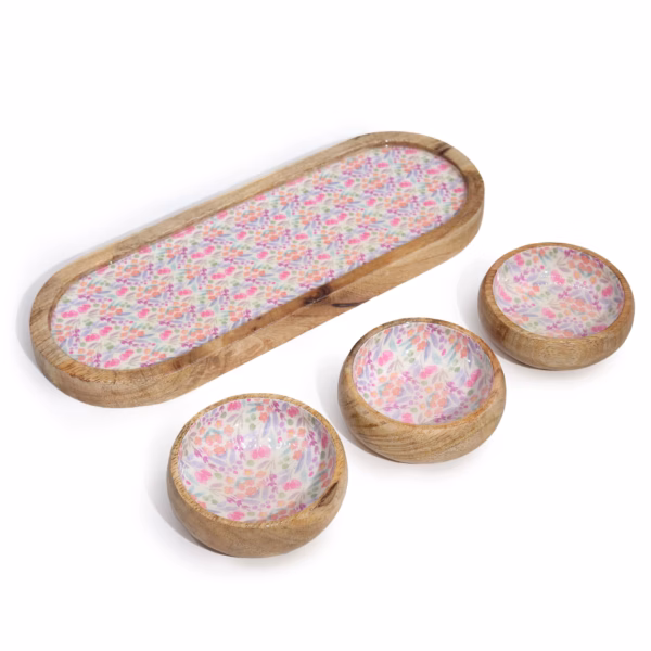 Mango Wood Tray With 3 Bowls - Pretty Floral