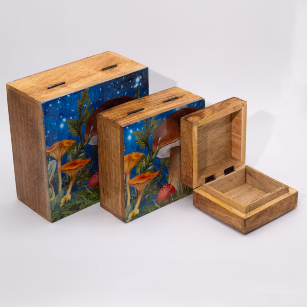 Firkantet Eske / Boks 13,5x13,5x6cm - Mushroom Design Teal - Bilde 3