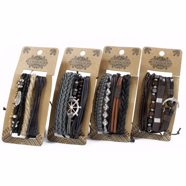 Mens Bracelet Sets - Metal &Amp; Leather (Asst)