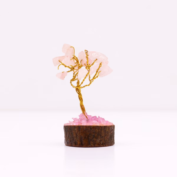 Mini arboles de piedras preciosas sobre base de madera - Cuarzo rosa (15 piedras)