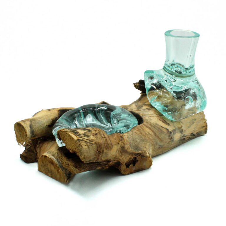 Molten-Glass-Small-Flower-Vase-and-Tealight-Holder-on-Wood