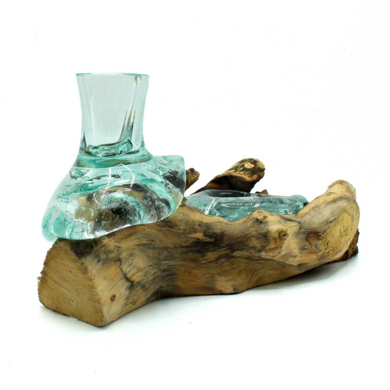Molten-Glass-Small-Flower-Vase-and-Tealight-Holder-on-Wood