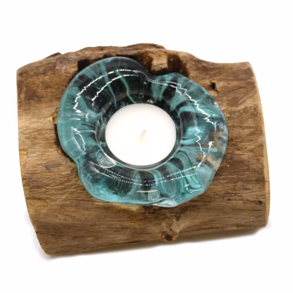 Porte-Bougie En Verre Fondu Sur Bois – Image 4
