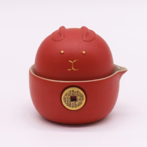 Money Cat Teapot Set - Two Cups - Travel Pack - Red