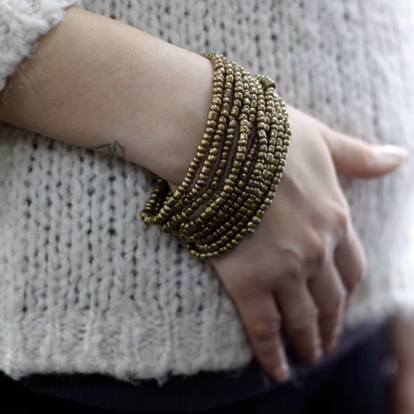 Multi-Bead Bangle Wooden Clasp - Asst Gold/Bronze - Image 2