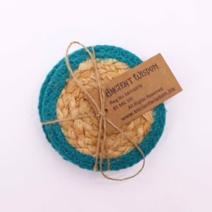 Natural Coaster - Jute & Cotton 10cm - Set of 4 - Teal Boarder