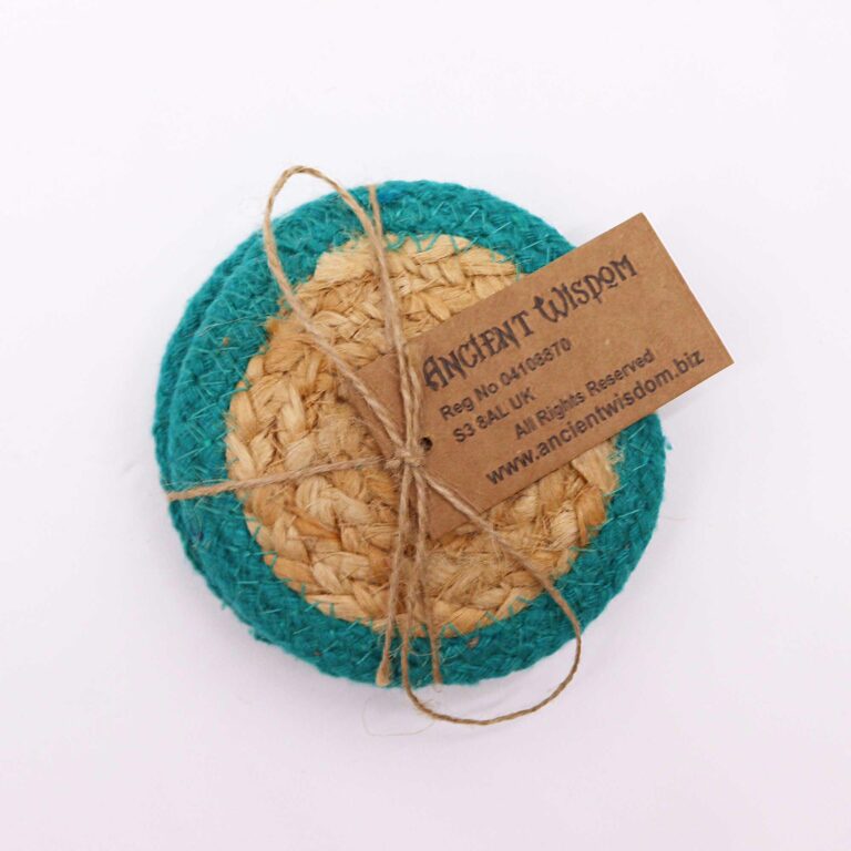 Natural-Coaster-Jute-Cotton-10cm-set-of-4-Teal-Boarder