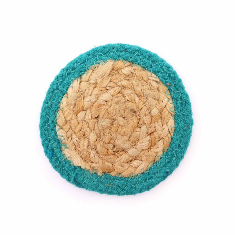 Natural-Coaster-Jute-Cotton-10cm-set-of-4-Teal-Boarder