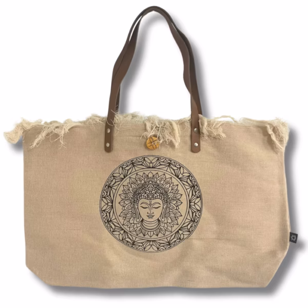 Naturlig Tygväska Med Läderhandtag - Buddha